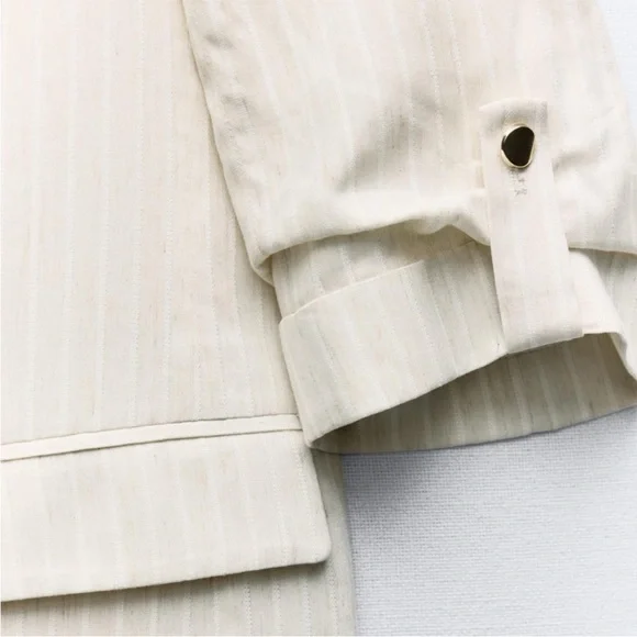 Zara Linen Blend Lightweight Open Front Blazer in Cream Pinstripe Sz Medium - Picture 7 of 16